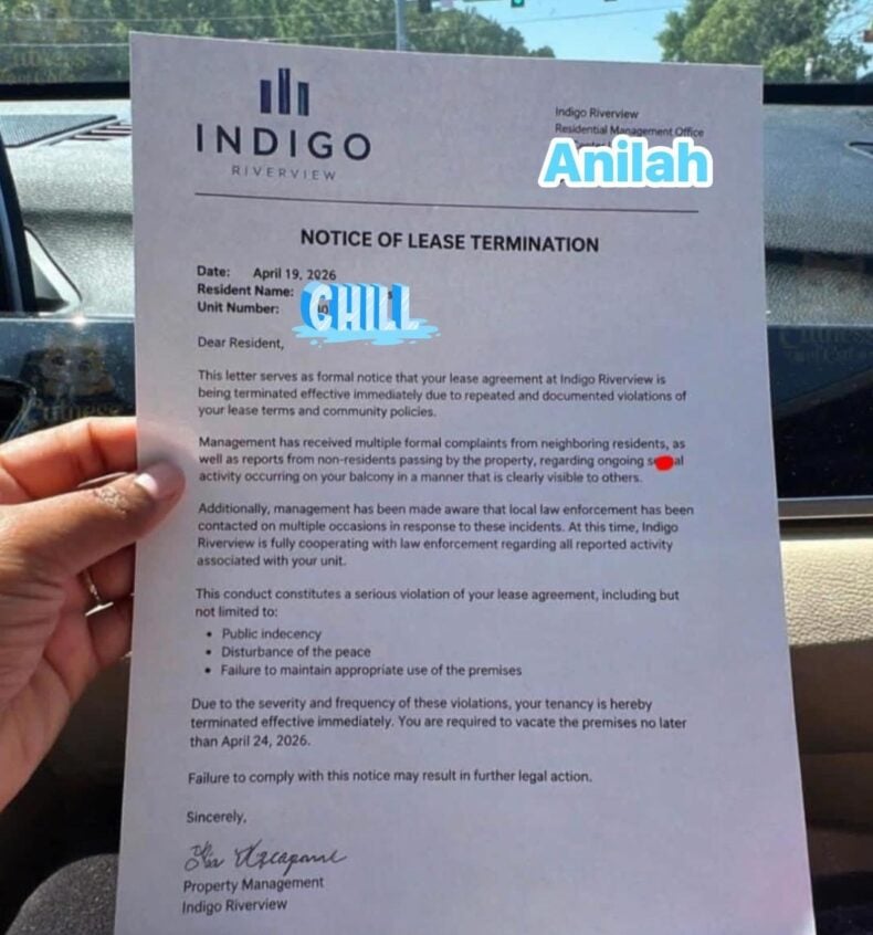 Notice of lease termination (sex on balcony)