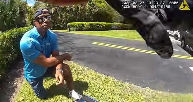 Tiger Woods kneels at the side of the road after rolling his SUV on a quaint Jupiter Island street - via Martin County Sheriff's Office