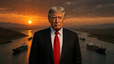 Donald Trump (with cargo ships in the Strait of Hormuz) - via eurAI