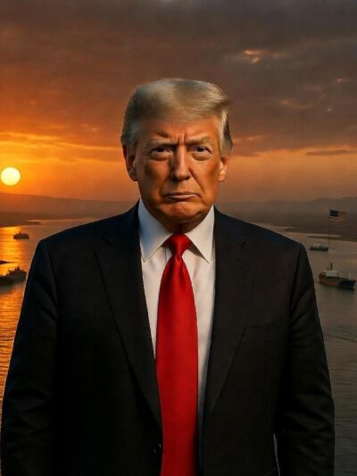 Donald Trump (with cargo ships in the Strait of Hormuz) - via eurAI