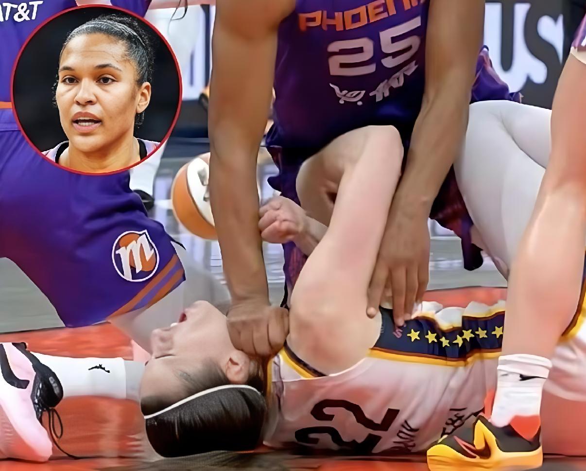 Caitlin Clark (on floor being hit in throat by Alyssa Thomas) - screenshot