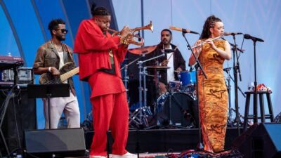 Flautist Elena Pinderhughes with special guest trumpeter Christian Scott aTunde Adjuah (Photo: Timothy Norris &ndash; L.A. Phil)