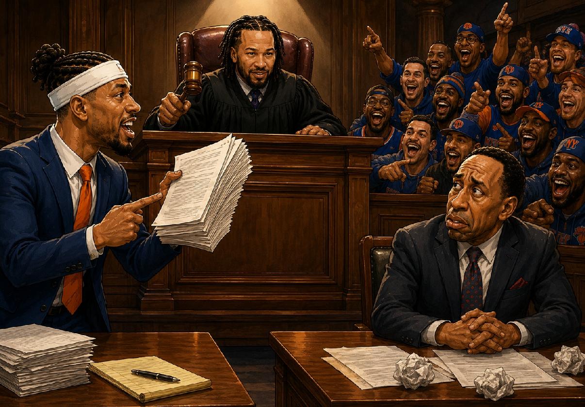 Jalen Brunson Josh Hart Stephen A Smith courtroom (of public opinion) cartoon