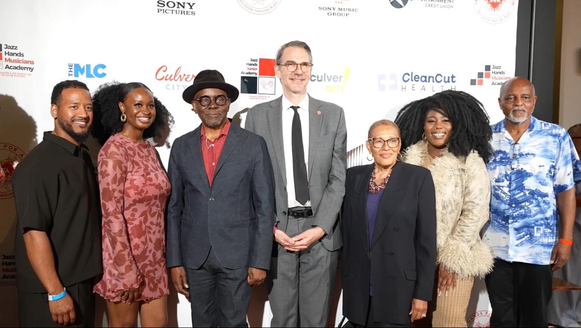 Jazz Hands event support staff bookend Philip Bailey, Culver City Mayor Freddy Puzo, and Pat Shields - screenshot