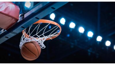 Basketball scoring a basket