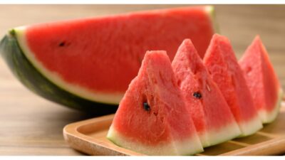 Sliced of watermelon on wooden plate ready to eating, Tropical fruit in summer season