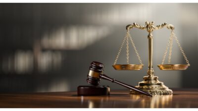 Legal concept: Scales of justice and and the judge's gavel hammer as a symbol of law and order stock photo
