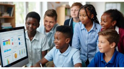Students looking at computer screen inside a classroom via AI generated