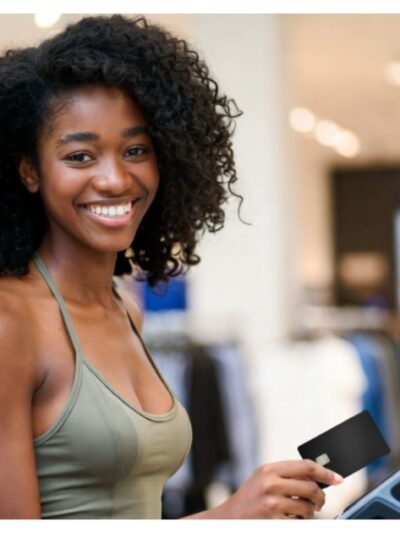 AI generate image of a Black woman using a black debit card