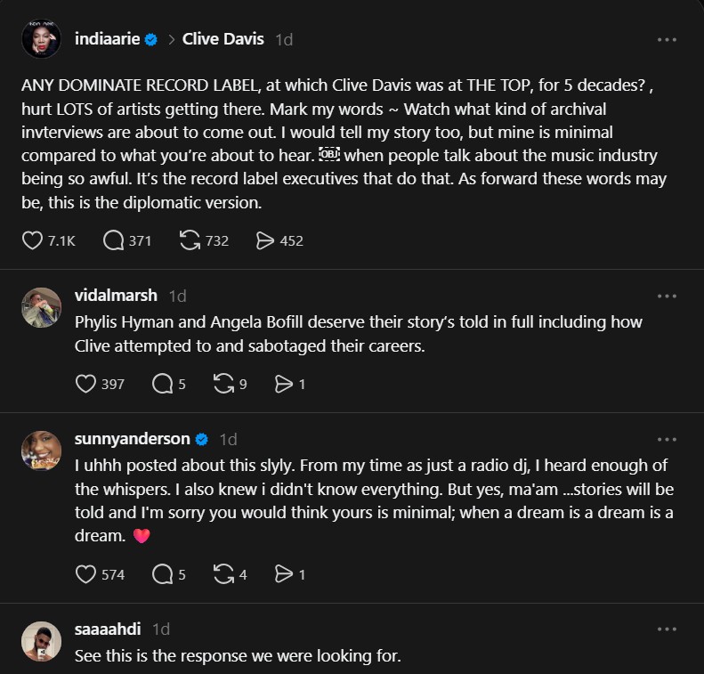 India.Arie Calls Out Record Label Executives Following Clive Davis' Death
