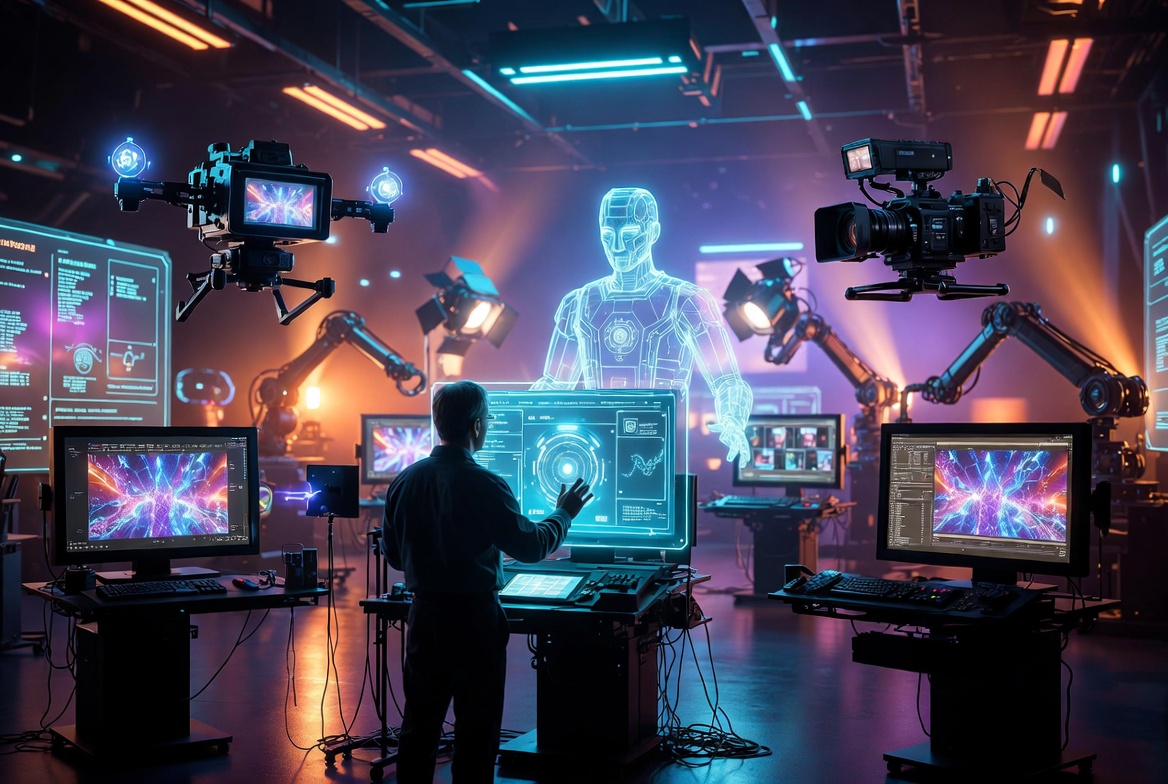A futuristic AI-powered film studio bathed in vibrant neon blues and purples.