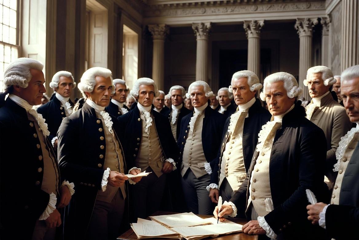 Founding Fathers drafting liberty in powdered wigs, 1776 - via eurAI