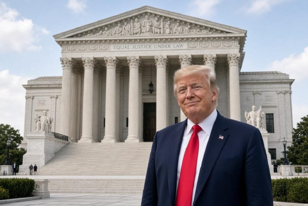 Donald Trump pictured in front of the US Supreme Court - via eurAI