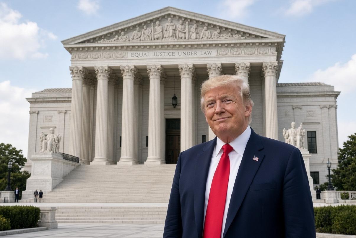Donald Trump pictured in front of the US Supreme Court - via eurAI