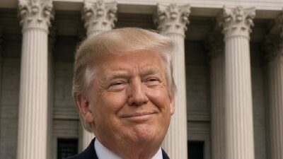 Donald Trump pictured in front of the US Supreme Court - via eurAI