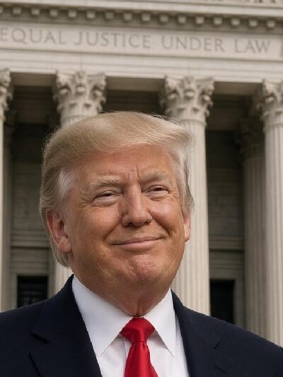 Donald Trump pictured in front of the US Supreme Court - via eurAI
