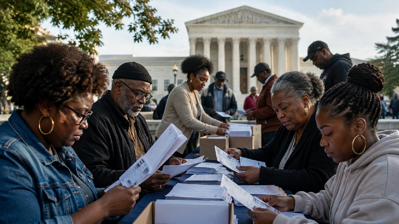 Editorial illustration of Black voters preparing mail ballots with the US Supreme Court in the background - via eurAI