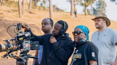 Mandla Dube and crew on The Battle of Bisesero film set