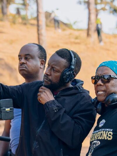 Mandla Dube and crew on The Battle of Bisesero film set
