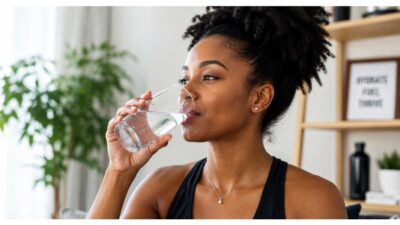 Black woman drinking glass of water
