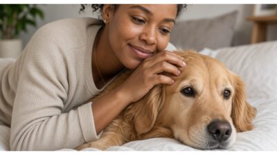 Black woman loving on her dog