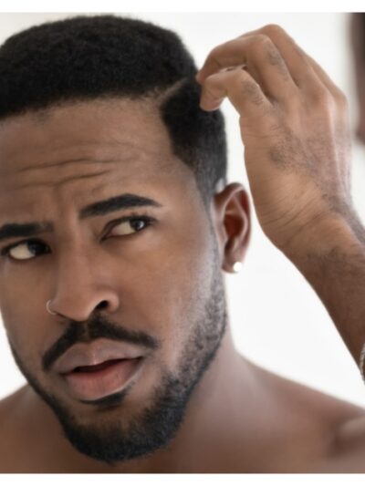 Close up anxious unhappy African American man checking hair after shower, looking in mirror, standing in bathroom at home, dissatisfied by hair loss or dandruff, healthcare and beauty concept