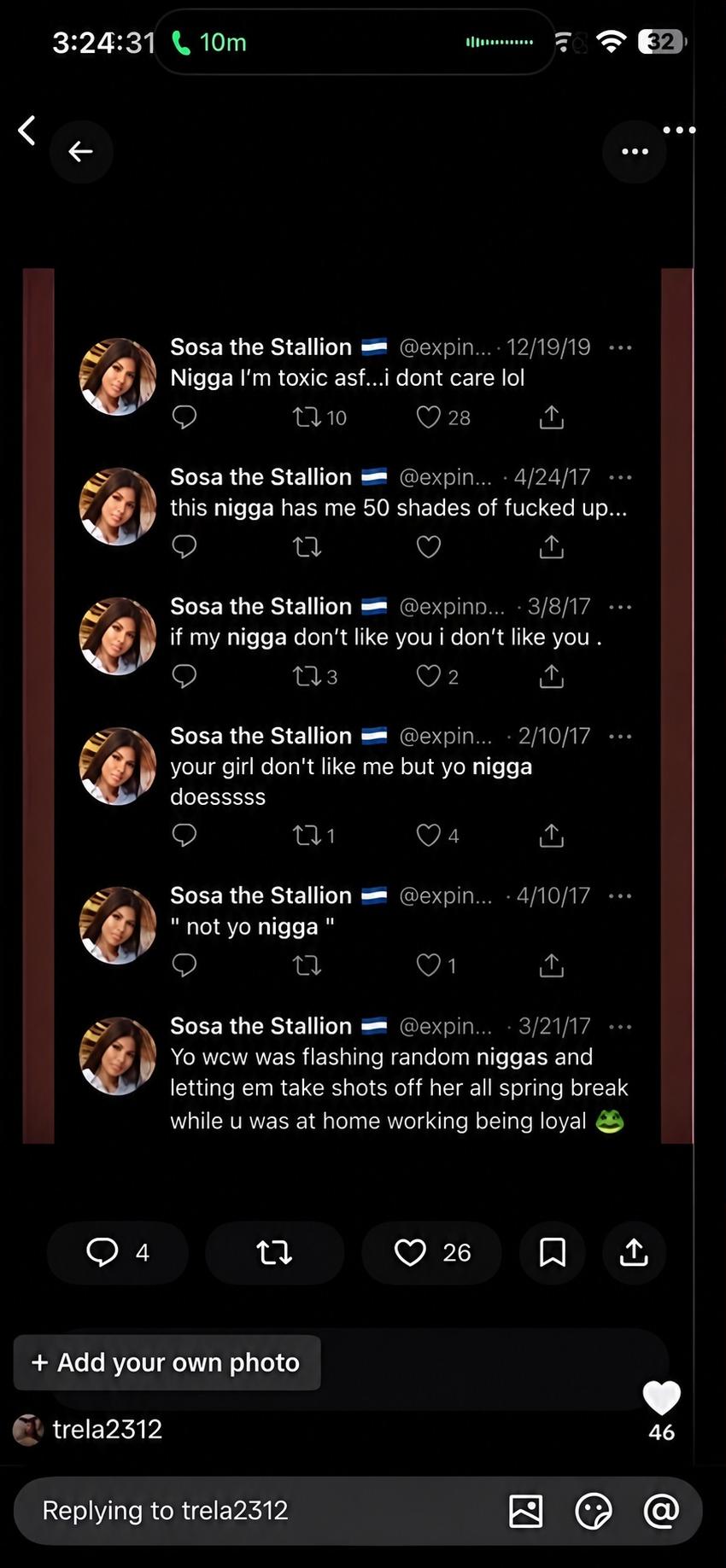 Screenshots of Brittany Boltinhouse’s old N-word tweets under the name 'Sosa the Stallion'