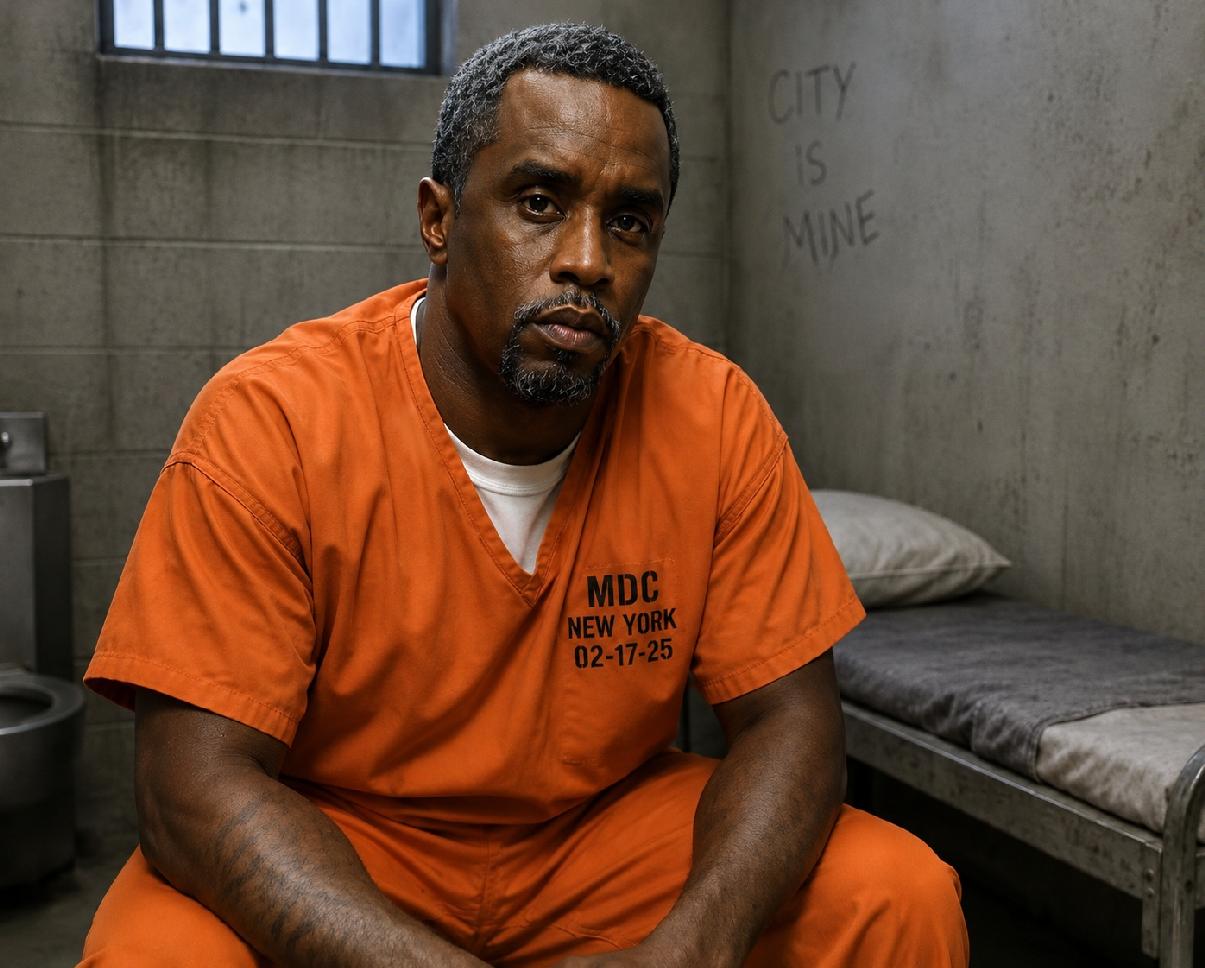 Sean Diddy Combs (in orange jail jumpsuit) - via AI