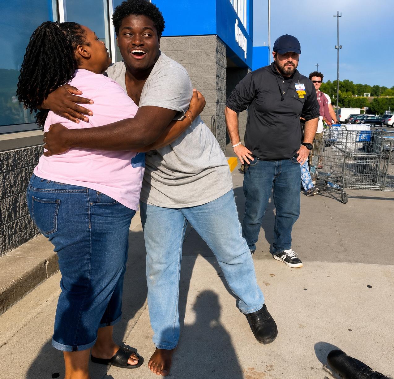 Woman in Pink (Anitra Raspberry) gets hug from 'Levi' - screenshot