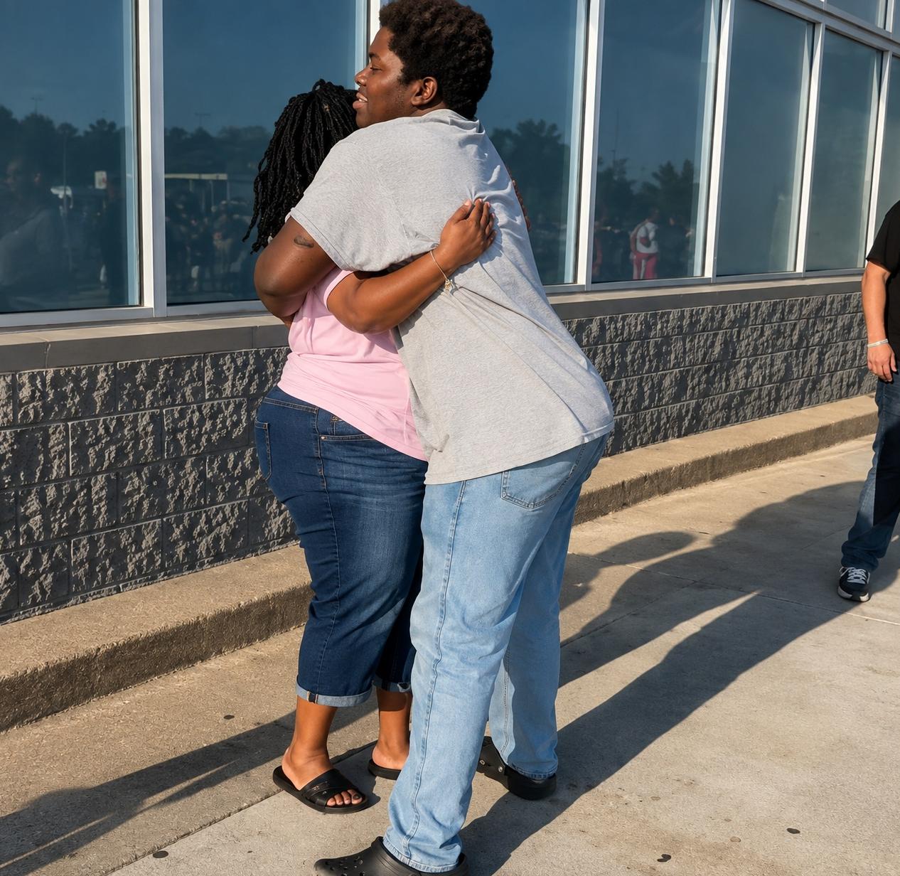 Woman in Pink (Anitra Raspberry) gets hug from 'Levi' - screenshot