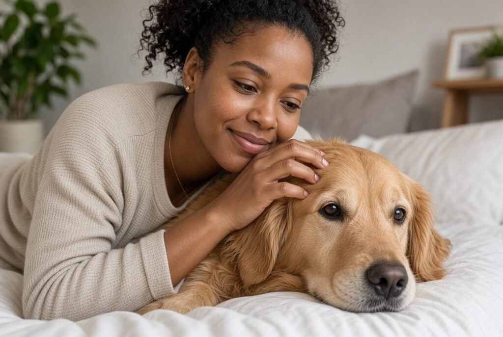 Black woman loving on her dog