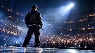 A performer (Chris Brown) takes center stage under arena lights - via eurAI
