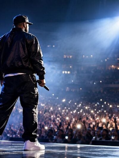 A performer (Chris Brown) takes center stage under arena lights - via eurAI