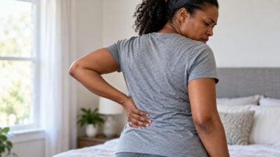 Adult holding the flank area of the mid-back in discomfort (back pain) - via eurAI