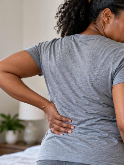 Adult holding the flank area of the mid-back in discomfort (back pain) - via eurAI