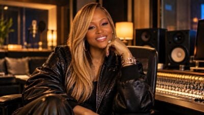 Black female rapper seated in a professional music studio setting - via eurAI.jpg