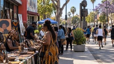 Black vendors and residents at a busy Los Angeles (Leimert Park) outdoor marketplace with runners visible in the background - via eurAI