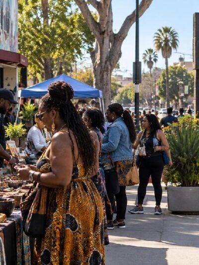 Black vendors and residents at a busy Los Angeles (Leimert Park) outdoor marketplace with runners visible in the background - via eurAI