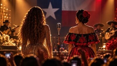 Editorial illustration depicting Black and Mexican American musical traditions meeting on a Texas stage - via eurAI