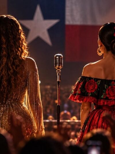Editorial illustration depicting Black and Mexican American musical traditions meeting on a Texas stage - via eurAI