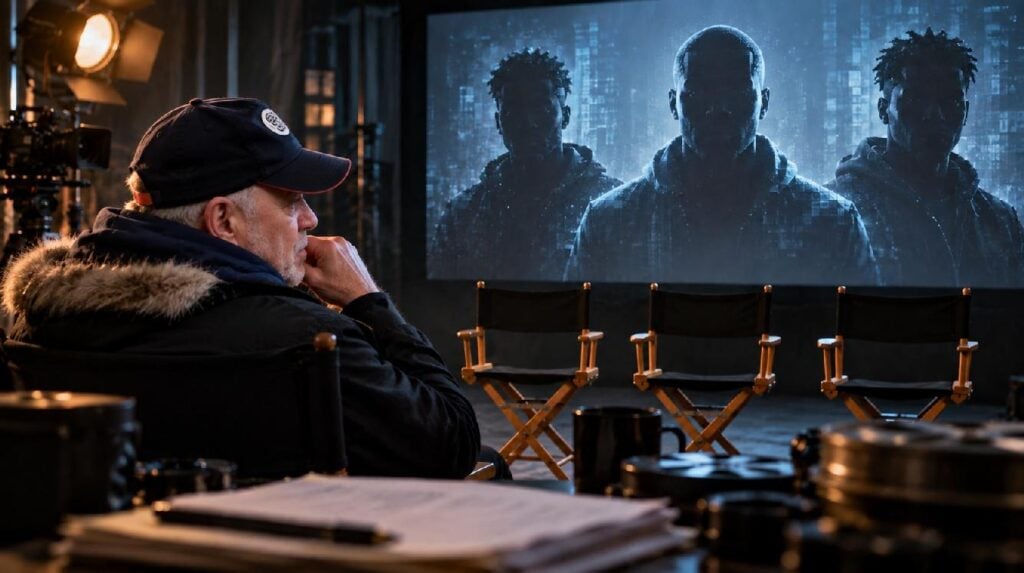 Editorial illustration of (Paul Schrader) facing empty casting chairs and three synthetic figures on a film screen - via eurAI