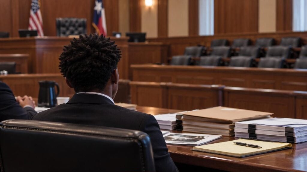 Editorial illustration of a defendant facing an empty jury box with evidence files nearby - via eurAI