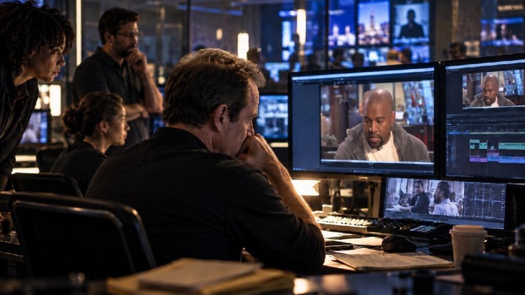 Editorial illustration of a newsroom editor reviewing celebrity interview footage - via eurAI