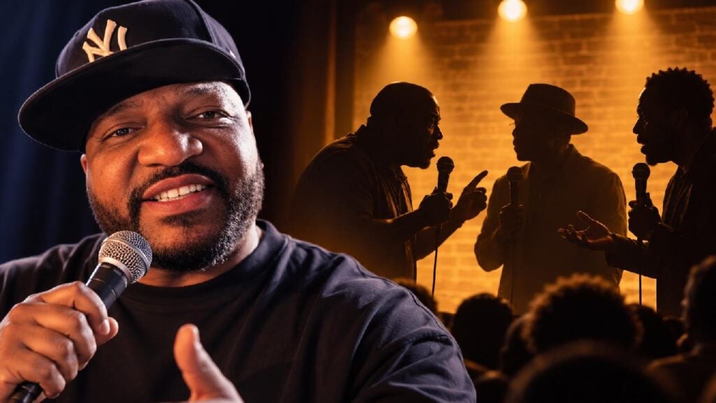 Editorial illustration representing the comedy debate sparked by Aries Spears - via eurAI
