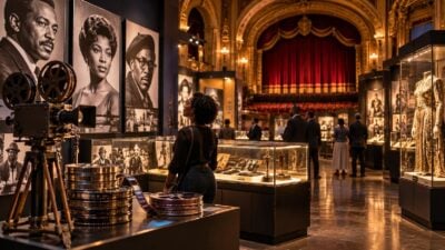 Editorial image depicting Black cinema history preserved inside a restored theater and film museum - via eurAI
