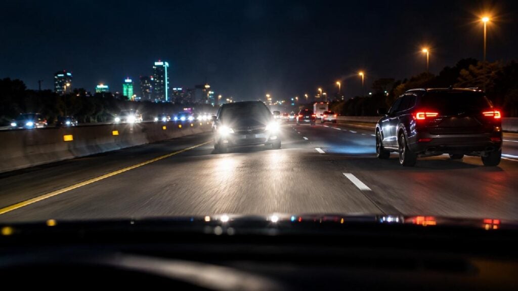 Nighttime highway scene illustrating a wrong-way driving near-miss near Dallas - via eurAI