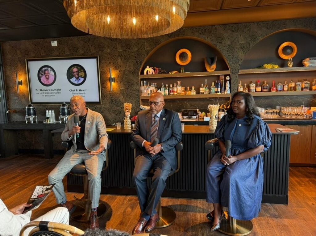 Dr. Shawn Ginwright joins Sierra Health Foundation CEO Chet P. Hewitt and AYA Education Coalition’s Jalisa Evans during CBCF’s Annual Legislative Conference. Photo by Regina Wilson/California Black Media.