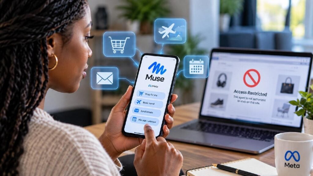 Smartphone user interacting with (Meta's Muse AI) agent for online tasks - via eurAI
