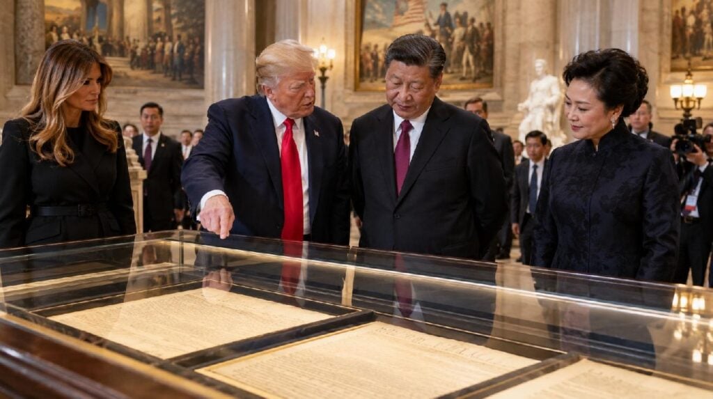 Two world leaders (Donald Trump and Xi Jinping) touring historic documents inside the National Archives rotunda - via eurAI