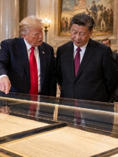 Two world leaders (Donald Trump and Xi Jinping) touring historic documents inside the National Archives rotunda - via eurAI
